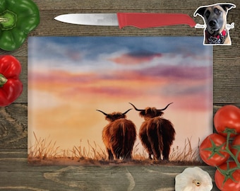 Personalised Highland Cow Sunset Glass Cutting Boards