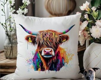 Colourful Vibrant Highland Cow Cushion