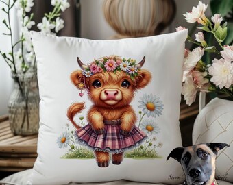 Highland Cow Velvet Cushion – Personalised Nursery Decor