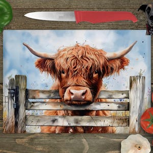 Highland Cow Glass Chopping/Cutting Boards - 4 designs - Fence, Lavender, Wild Flowers, Field