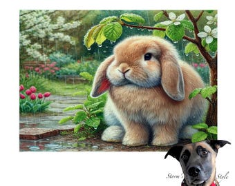 May include: A brown and white rabbit with long ears sits in a garden setting with green plants and flowers. Rain is falling and there are puddles on the ground.