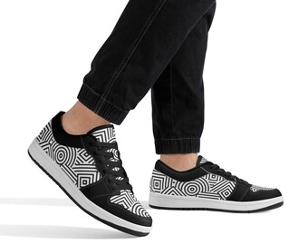 Men's Low Top Leather Sneakers, Geometric Print, Simple Design, Black and White, men's sneakers Gift for boyfriend, casual shoes sneakers