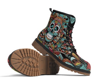 Modern Skull Shoes, Piksi Design Printed Men's Boots, Skull Combat Boots, Gift For Artist, Gifts for Boyfriend, Vegan combat boots