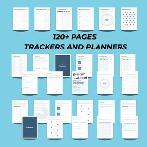 Puede incluir: Una colecci&oacute;n de rastreadores y planificadores blancos y azules sobre un fondo azul claro. La imagen incluye varios dise&ntilde;os para rastrear h&aacute;bitos, citas y objetivos. El texto en la imagen dice "120+ PAGES TRACKERS AND PLANNERS" y "Welcome to Your Adventure in Organizing!"