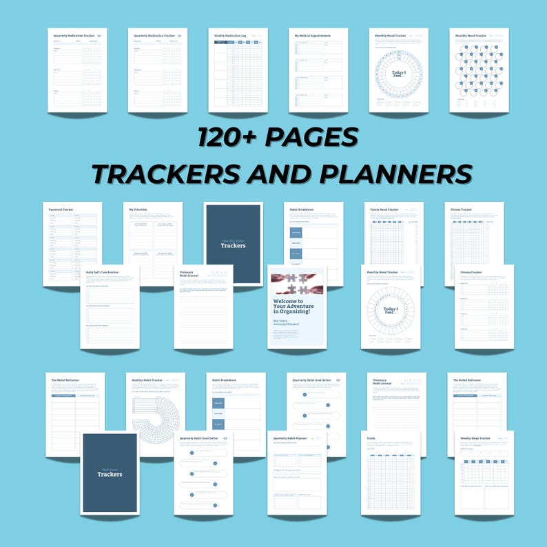 Puede incluir: Una colecci&oacute;n de rastreadores y planificadores blancos y azules sobre un fondo azul claro. La imagen incluye varios dise&ntilde;os para rastrear h&aacute;bitos, citas y objetivos. El texto en la imagen dice "120+ PAGES TRACKERS AND PLANNERS" y "Welcome to Your Adventure in Organizing!"