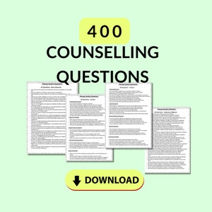 May include: A digital download of 400 counselling questions, organized into categories such as Neurodiversity, Trauma, Anxiety, and Exploring Childhood. The download button is in the lower center of the image.