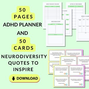 ADHD planner/Neurodiversity flashcards/Executive planner/green and white planner/pink and yellow flashcards