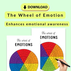 Peut inclure: Deux tableaux imprimables de la roue des émotions avec un schéma de couleurs arc-en-ciel. Les tableaux sont intitulés "La roue des émotions" et listent diverses émotions autour de la roue.