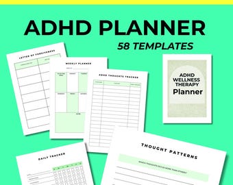 Könnte beinhalten: Eine Sammlung von ADHD-Planern und Vorlagen, darunter ein Wochenplaner, ein täglicher Tracker und eine Anleitung für Denkmuster. Der Text auf dem Cover lautet "ADHD Wellness Therapy Planner". Der Hintergrund ist hellgrün.