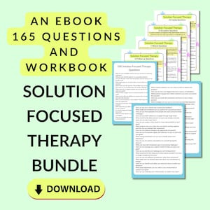 May include: A digital download for an ebook and workbook titled "Solution Focused Therapy Bundle". The cover features a green background with a yellow arrow pointing down to the word "Download". The ebook contains 165 questions to help with solution focused therapy.