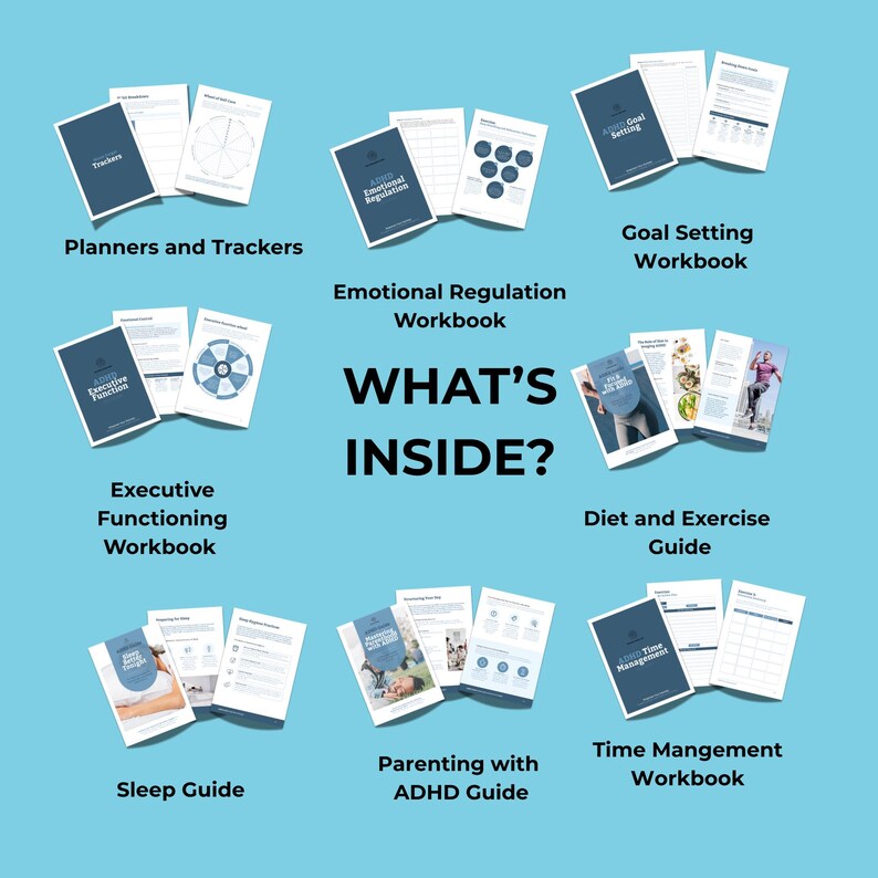 Puede incluir: Una colecci&oacute;n de cuadernos de trabajo y gu&iacute;as sobre un fondo azul claro. La imagen incluye "Planners and Trackers", "Emotional Regulation Workbook", "Goal Setting Workbook", "Executive Functioning Workbook", "Diet and Exercise Guide", "Sleep Guide", "Parenting with ADHD Guide" y "Time Management Workbook". El texto "WHAT'S INSIDE?" tambi&eacute;n es visible.