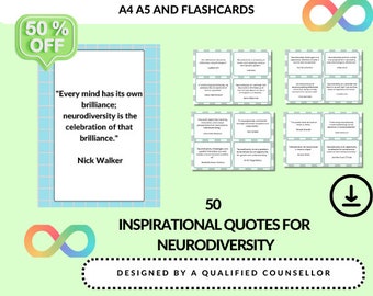 May include: A set of 50 inspirational quotes for neurodiversity, designed by a qualified counselor. The quotes are printed on flashcards and are available in A4 and A5 sizes. The image features a quote by Nick Walker: "Every mind has its own brilliance; neurodiversity is the celebration of that brilliance."