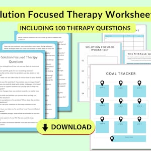 May include: A set of printable worksheets for solution-focused therapy. The worksheets include a goal tracker, a miracle question, and 100 solution-focused therapy questions. The worksheets are designed to help people identify their strengths, set goals, and develop solutions to their problems.