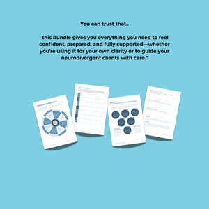 Puede incluir: Cuatro hojas de papel blancas con texto y gr&aacute;ficos azules se muestran sobre un fondo azul claro. El texto de las hojas incluye "Executive function wheel" y "Exercise: Deep Breathing and Relaxation Techniques". El texto en la parte superior dice "You can trust that.."