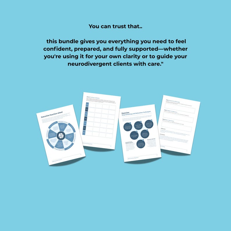 Puede incluir: Cuatro hojas de papel blancas con texto y gr&aacute;ficos azules se muestran sobre un fondo azul claro. El texto de las hojas incluye "Executive function wheel" y "Exercise: Deep Breathing and Relaxation Techniques". El texto en la parte superior dice "You can trust that.."
