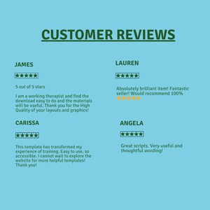 Puede incluir: Un fondo azul claro con el texto "CUSTOMER REVIEWS" en verde. Se muestran testimonios de clientes, incluidas valoraciones por estrellas y comentarios positivos sobre la facilidad de uso y la calidad de una plantilla.