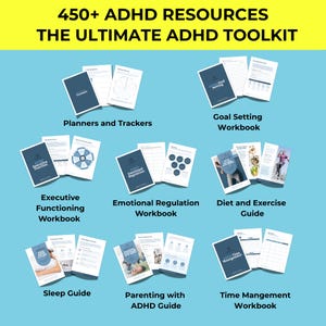 以下が含まれることがあります： ADHDリソースのワークブックとガイドのコレクション。画像には、「Planners and Trackers」、「Goal Setting Workbook」、「Executive Functioning Workbook」、「Emotional Regulation Workbook」、「Diet and Exercise Guide」、「Sleep Guide」、「Parenting with ADHD Guide」、「Time Management Workbook」などのタイトルが含まれています。