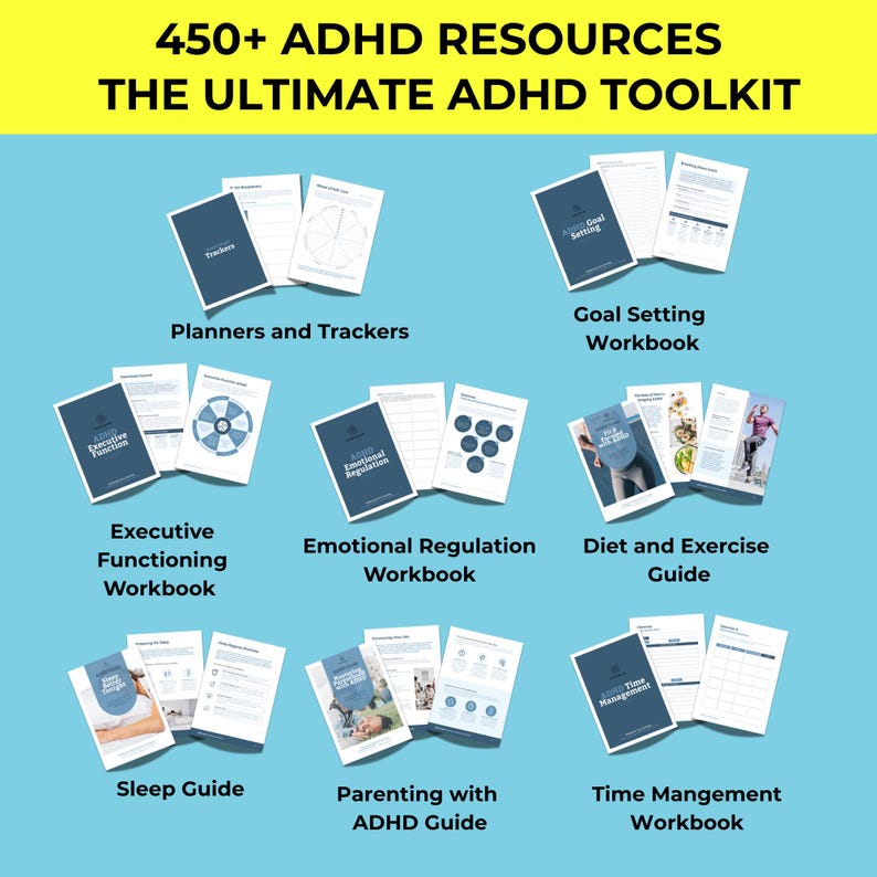 Op de afbeelding: Een verzameling werkboeken en gidsen voor ADHD-bronnen. De afbeelding bevat titels als "Planners and Trackers", "Goal Setting Workbook", "Executive Functioning Workbook", "Emotional Regulation Workbook", "Diet and Exercise Guide", "Sleep Guide", "Parenting with ADHD Guide" en "Time Management Workbook".