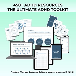 以下が含まれることがあります： ADHDサポートのためのデジタルリソースの詰め合わせ。トラッカー、プランナー、ガイドが含まれています。画像には、さまざまなツールを表示するラップトップ、タブレット、スマートフォンがあり、「450+ ADHD RESOURCES THE ULTIMATE ADHD TOOLKIT」というテキストが表示されています。