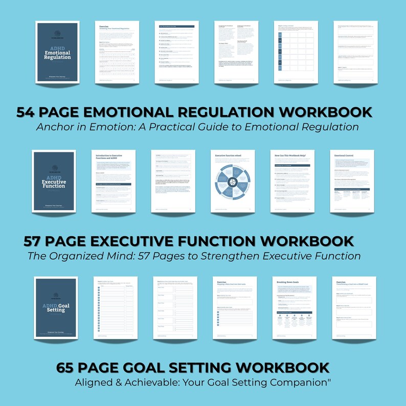 Op de afbeelding: Een verzameling werkboeken op een lichtblauwe achtergrond. De werkboeken heten "Emotionele Regulatie", "Uitvoerende Functie" en "Doelen stellen". Elk werkboek heeft een omslag met de titel en het aantal pagina's. De teksten "Verankerd in emotie", "De georganiseerde geest" en "Uitgelijnd & Bereikbaar" zijn ook zichtbaar.