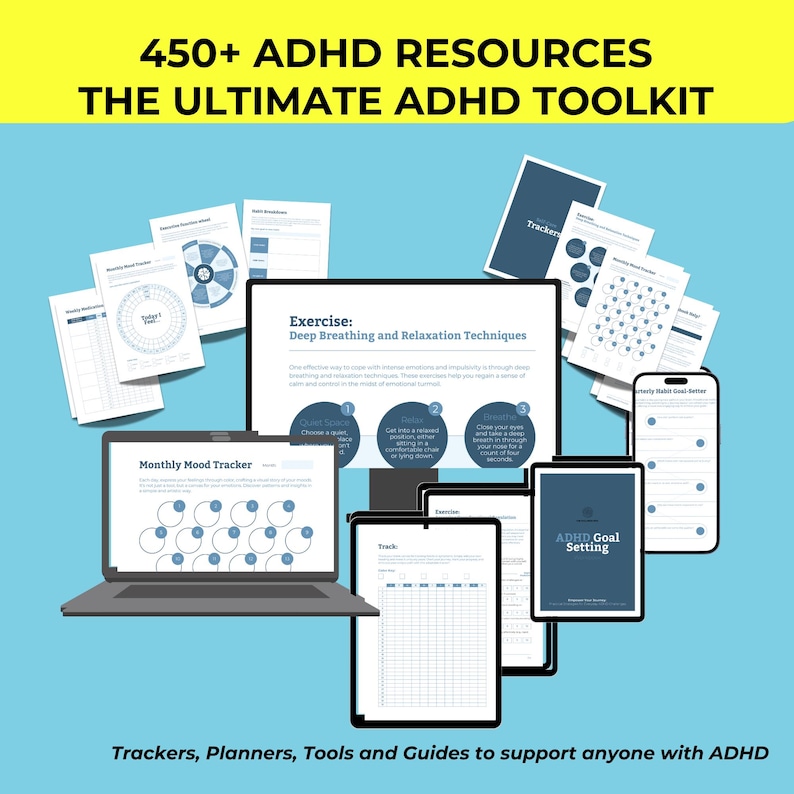 Puede incluir: Ilustraci&oacute;n de un kit de herramientas para el TDAH con el texto "450+ ADHD RESOURCES THE ULTIMATE ADHD TOOLKIT". La imagen incluye un port&aacute;til, una tableta, un tel&eacute;fono y rastreadores y gu&iacute;as impresos. Tambi&eacute;n est&aacute; presente el texto "Trackers, Planners, Tools and Guides to support anyone with ADHD".