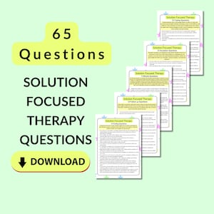 May include: A digital download graphic with the text "65 Questions" and "Solution Focused Therapy Questions." Several pages with therapy questions are displayed. The download button is at the bottom.