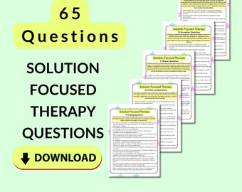 Puede incluir: Un gráfico de descarga digital con el texto "65 Preguntas" y "Solution Focused Therapy Questions". Se muestran varias páginas con preguntas de terapia. El botón de descarga está en la parte inferior.