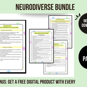 以下が含まれることがあります： 「Neurodiverse Bundle」というタイトルのデジタルダウンロードバンドル。自己反省とジャーナリングのためのプロンプトが含まれています。画像には、神経多様性、強み、課題に関するテキストが記載された複数のページが含まれています。バンドルには12ページが含まれており、ボーナスデジタル製品を提供しています。