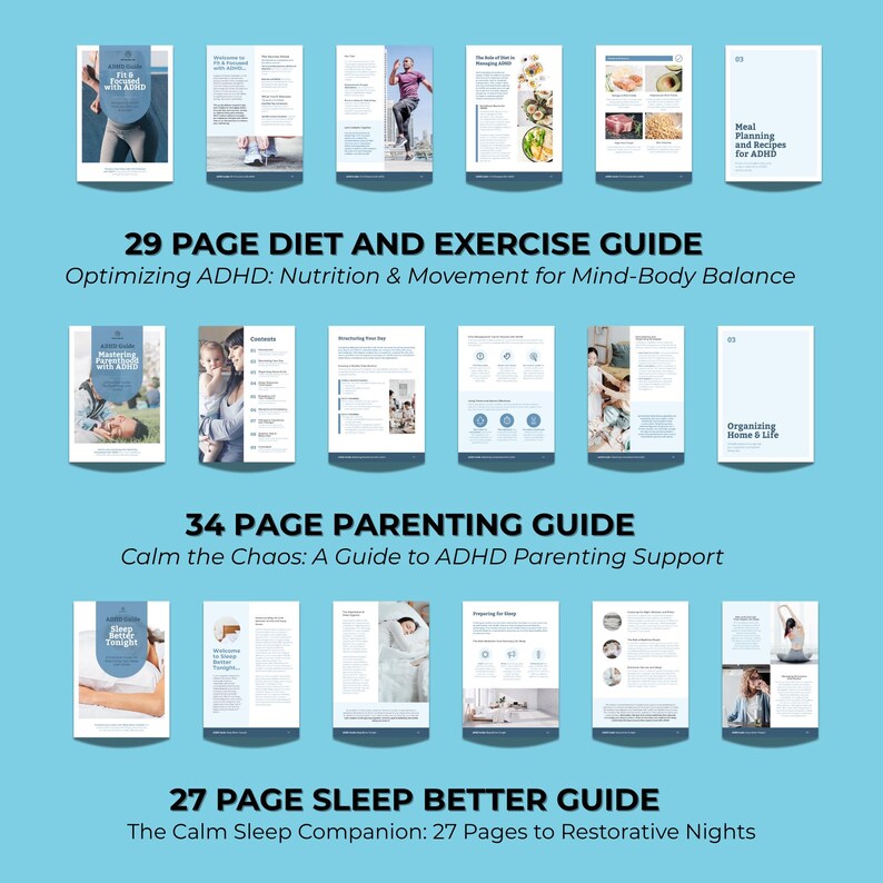 Op de afbeelding: Een verzameling gidsen op een lichtblauwe achtergrond. De gidsen behandelen onderwerpen als dieet en lichaamsbeweging, ouderschap en slaap. De tekst bevat "29 PAGE DIET AND EXERCISE GUIDE", "34 PAGE PARENTING GUIDE" en "27 PAGE SLEEP BETTER GUIDE".
