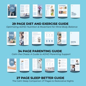 Puede incluir: Una colecci&oacute;n de gu&iacute;as sobre un fondo azul claro. Las gu&iacute;as cubren temas como dieta y ejercicio, crianza y sue&ntilde;o. El texto incluye "29 PAGE DIET AND EXERCISE GUIDE", "34 PAGE PARENTING GUIDE" y "27 PAGE SLEEP BETTER GUIDE".