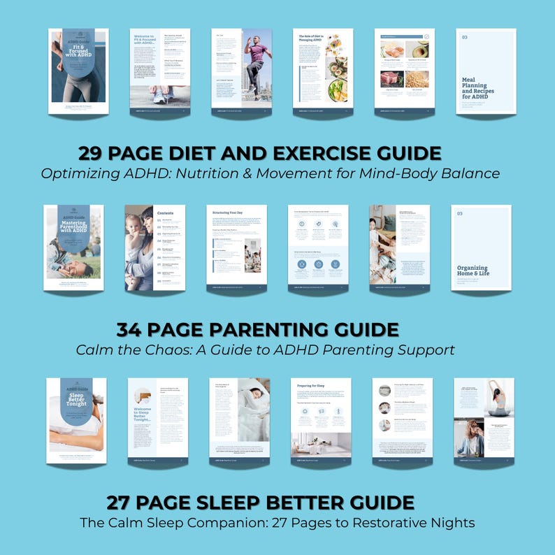 Puede incluir: Una colecci&oacute;n de gu&iacute;as sobre un fondo azul claro. Las gu&iacute;as cubren temas como dieta y ejercicio, crianza y sue&ntilde;o. El texto incluye "29 PAGE DIET AND EXERCISE GUIDE", "34 PAGE PARENTING GUIDE" y "27 PAGE SLEEP BETTER GUIDE".
