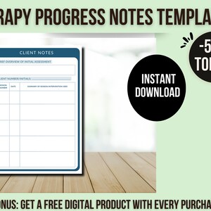 May include: A printable therapy progress notes template with a blue and white colour scheme. The template includes sections for client information, session number, date, and a summary of session interventions used. The text "INSTANT DOWNLOAD" and " -50% TODAY!" are also visible.