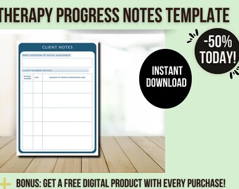 May include: A printable therapy progress notes template with a blue and white color scheme. The template includes sections for client information, session number, date, and a summary of session interventions used. The text "INSTANT DOWNLOAD" and " -50% TODAY!" are also visible.