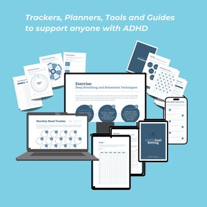 Op de afbeelding: Een afbeelding met verschillende digitale tools en gidsen ter ondersteuning van ADHD. Een laptop toont een maandelijkse stemmingsmeter, terwijl tablets en smartphones gidsen voor doelstellingen en oefeningen presenteren. De tekst luidt: Trackers, Planners, Tools and Guides to support anyone with ADHD.