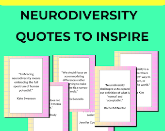 May include: A set of 50 cards with the text "Neurodiversity Quotes to Inspire" in black letters on a bright green background. Each card has a quote about neurodiversity. The cards have a pink border and a white interior.