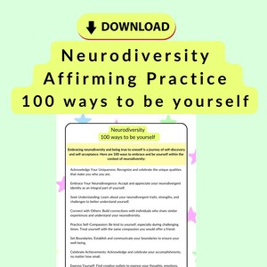 以下が含まれることがあります： ピンクとグリーンの印刷可能なワークシートで、タイトルは「Neurodiversity Affirming Practice 100 ways to be yourself」です。ワークシートには、ニューロダイバーシティを受け入れ、自分らしくいるための方法がリストされています。