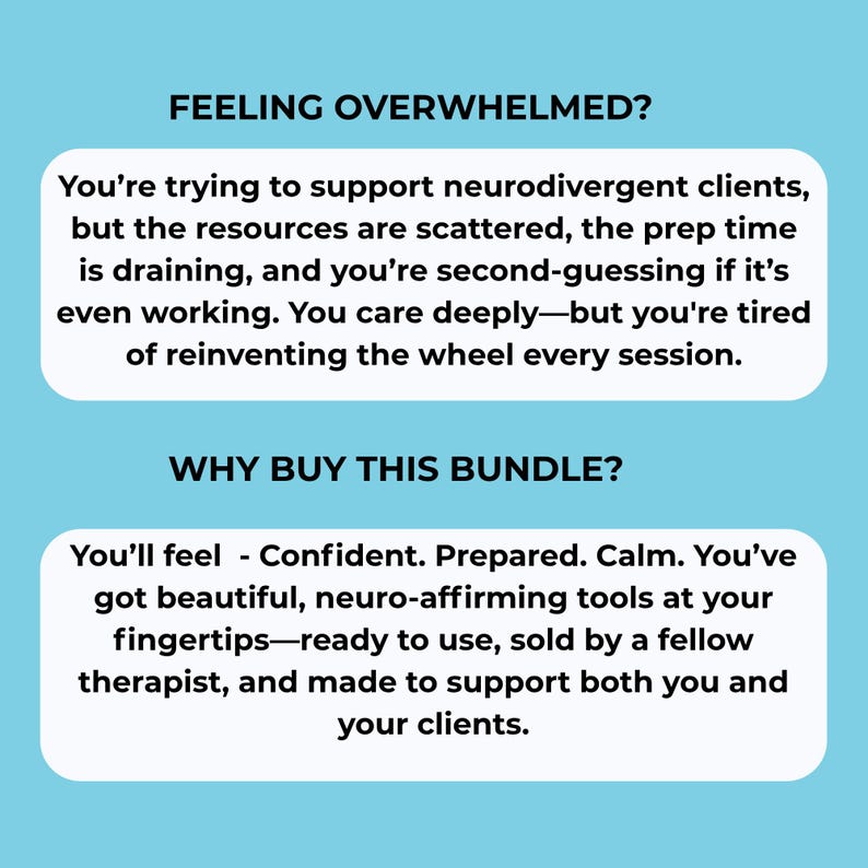 Op de afbeelding: Een lichtblauwe afbeelding met witte tekst. De tekst luidt "FEELING OVERWHELMED?" en "WHY BUY THIS BUNDLE?". De tekst beschrijft ondersteuning voor neurodivergente cli&euml;nten en de voordelen van een bundel tools.