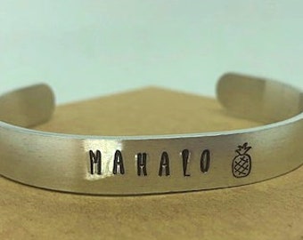 Mahalo hand stamped cuff bracelet, Tropical summer jewelry