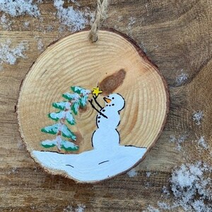 Snowman Ornament, Wood Slice Ornament, Hand Painted, Rustic