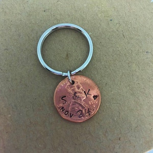 Custom Penny Keychain, Couples Keychain, Anniversary Keychain, Personalized Keychain, Initials and date