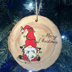 Gnome Ornament, Wood Slice Ornament, Hand Painted, Rustic
