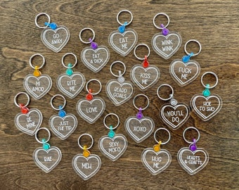 Conversation Hearts Keychain, Acrylic Keychains, Heart keychain Naughty/Nice Sayings, Custom