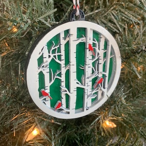 Cardinal in Trees Ornament, Wood Slice Ornament, Hand Painted, Rustic, Cardinal