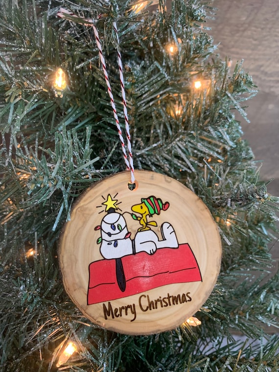 Snoopy Ornament Wood Slice Ornament Hand Painted Rustic Etsy