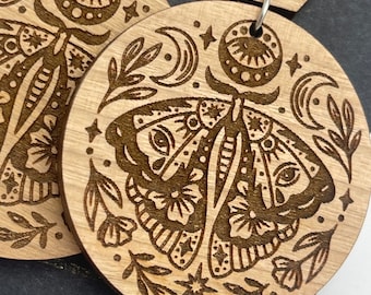 Lunar Moth Earrings | Acrylic Dangle Earrings | Simple Drop Earrings | Wooden Engraved Earrings