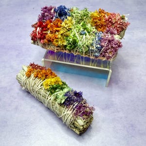White Sage & Rainbow Cornflowers Smudge Bundle | Sage Stick | Herb Bundle | Ritual, Ceremony, Meditation, Altar, Smudging | Floral Sage