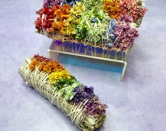 White Sage & Rainbow Cornflowers Smudge Bundle | Sage Stick | Herb Bundle | Ritual, Ceremony, Meditation, Altar, Smudging | Floral Sage