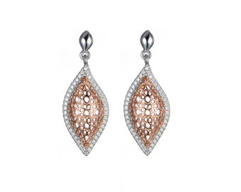 Boucles d’oreilles en or rose pour les femmes qui pend de feuilles d’argent Sterling bijoux cadeau pour anniversaire Noël Cubic Zirconia