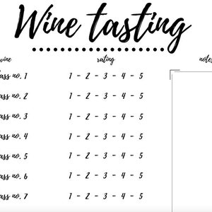 May include: A white wine tasting chart with black handwritten text. The title "Wine tasting" is at the top. Below are sections for wine, rating (1-5), and notes. The chart includes space for seven wine samples.