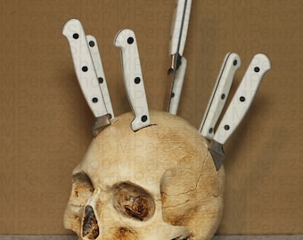 Skull Knife Holder, Hand-Painted PLA & Wood Kitchen Block, Holds 6 Knives, Gothic Decor